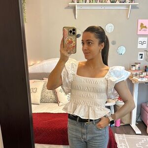 Zara White Smocked Puff Sleeve Top